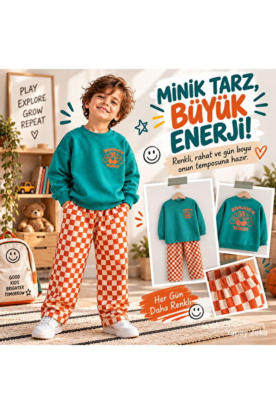 LUCCO Bonjour Baskılı Erkek Çocuk 2'li Sweatshirt Dama Desenli Pantolon Takım