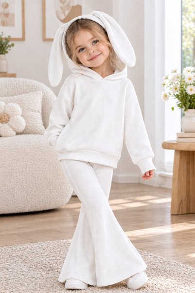 bright moon Girl's Rabbit Ear Detailed Hooded Sweatshirt with Spanish Style P...