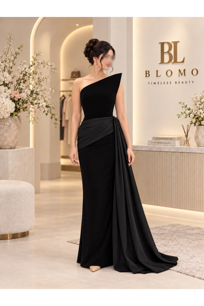 BLOMO فستان أسود بكتف واحد وثنيات جانبية