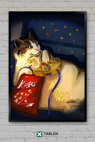 tablomaxtbx Gamer Cat With Chips Cat Art Decor de perete cu aspect de ramă De...