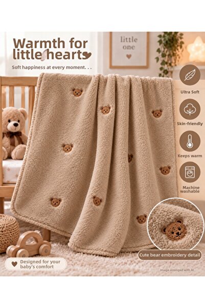 Movamirbaby Teddy Bear Embroidered Wellsoft Baby Blanket 90X100 cm Soft Textured