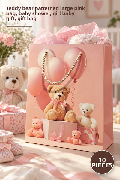 Yenilig 10 pungi cadou din carton - model ursuleț roz, dimensiune mare, baby ...