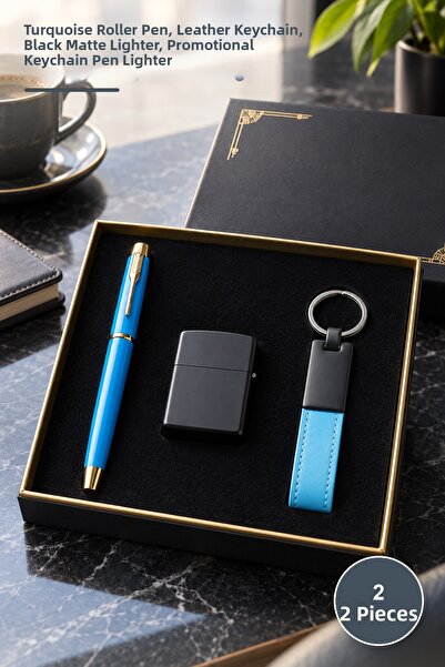Yenilig 2-Piece Boxed Lighter, Keychain, and Roller Pen Set – Turquoise Rolle...