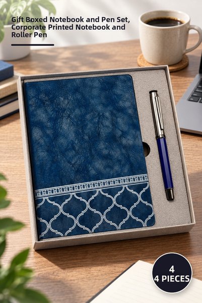 Yenilig 4-Piece Boxed Patterned Leather Blue Notebook and Metal Roller Pen Se...