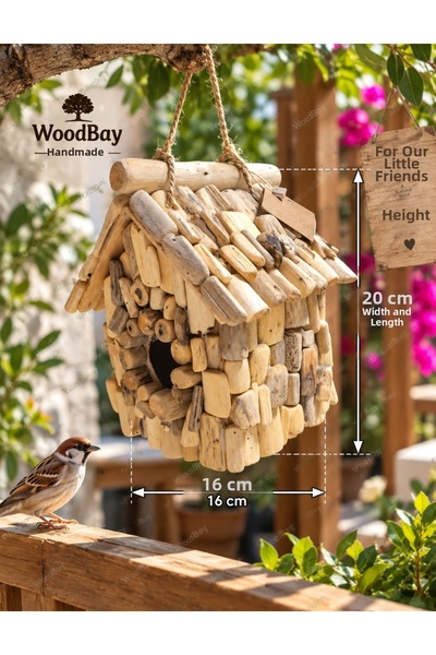WoodBay عش طيور من الخشب الأحفوري الطبيعي، مصنوع يدويًا، زينة معلقة لتزيين المنزل والحديقة والشرفة، 20 سم