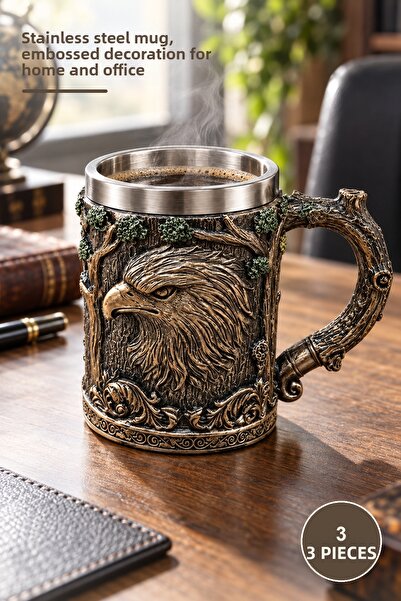 Yenilig 3D Embossed Mug with 3 Eagle Figures – Stainless Steel Mug, Embossed ...