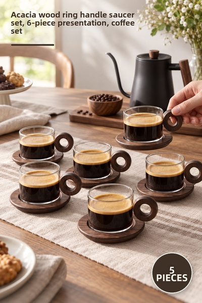 Yenilig 5-Piece Flat Glass Coffee Set – Acacia Wood Ring Handle Coaster, Pres...