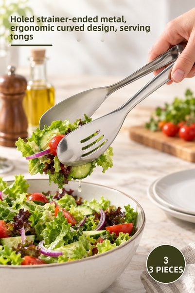 Yenilig 3 Pieces of Luxury Salad Serving Tongs – Metal with Perforated Strain...