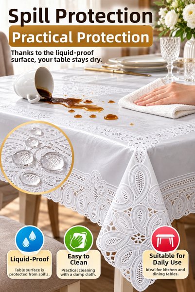 OpenCity White 120X152 cm Lace Look Pvc Tablecloth Liquid Proof Wipeable Kitchen Table Cover Luxury