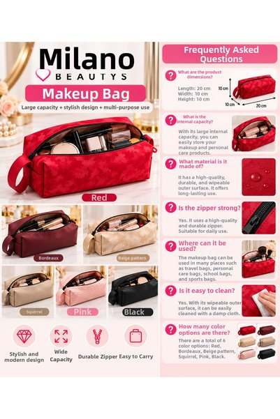 MİLANO BEAUTYS Zippered Makeup Bag – Large Capacity Cosmetic and Personal Care Bag, 6 Color Options