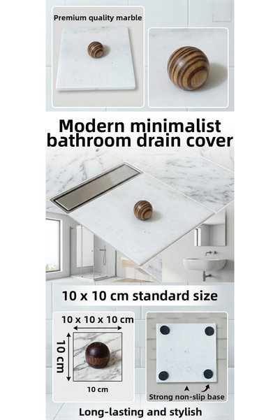 TARIK HOME Real Marble Bathroom Drain Cover with Acacia Wood Ball Head 10X10 cm Anti-Odor and Anti-Pest Strainer Cover
