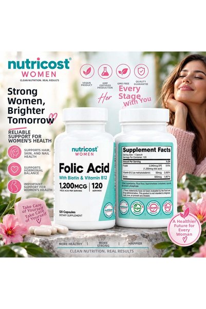 Nutricost مكمل غذائي للنساء يحتوي على حمض الفوليك والبيوتين وفيتامين ب12 للشع...