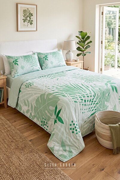 Sleep Garden Palvena Green Leaf Patterned Quilted Bedspread Single Size