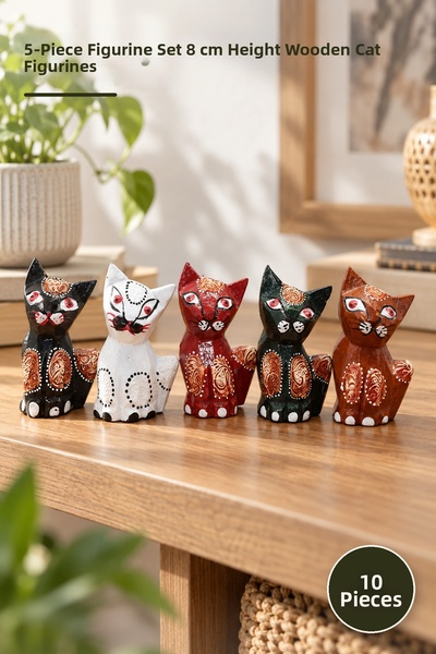 Yenilig 10 Piece Wooden Cat Set – Set of 5 Figures 8 cm Height Wooden Cat Fig...