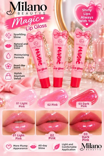 MİLANO BEAUTYS Magic Glitter Lip Gloss – Lip Gloss with Bow and Pearl Keychai...