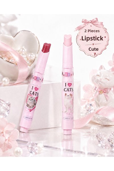 Kozmetik Glittery 2 Pieces - Heart Tip Coquette Lipstick Set - Shimmering and...
