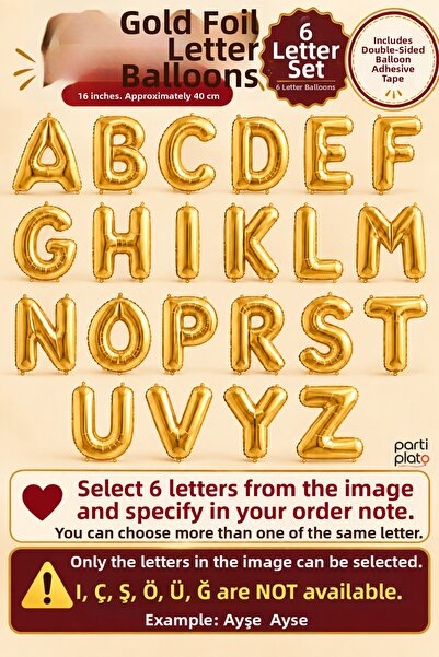 He2 Balloons Gold Foil Letter Balloon Set with 6 Letters, 16 Inches, 40 Cm, T...