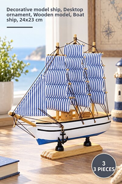 Yenilig 3 Pieces of Wooden Ship Alk3453 – Decorative Model Ship, Desktop Orna...