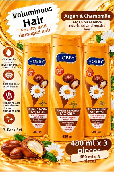 Hobby Conditioner for Dry and Damaged Hair Argan & Chamomile 480 ml 3 Pieces