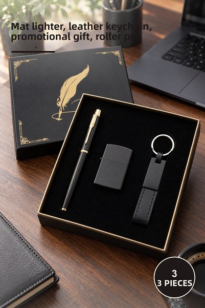 Yenilig 3-Piece Black Boxed Keychain Lighter and Metal Roller Pen Set – Matte...