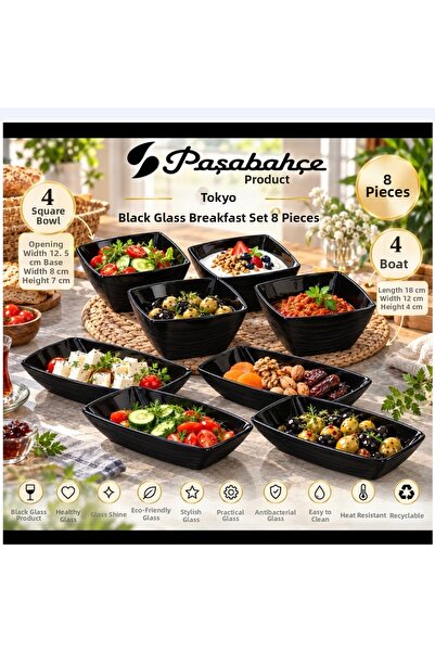 Paşabahçe Tokio Black Glass Breakfast Set Bowl Kayak 4X4 =8 Pieces High Quali...