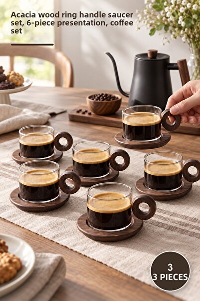Yenilig 3-Piece Flat Glass Coffee Set – Acacia Wood Ring Handle Coaster, Pres...