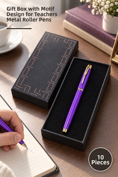 Yenilig 10 Pieces Purple Metal Roller Pens – Boxed with Motifs, Gift for Teac...