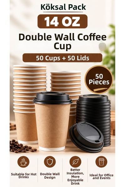 Köksal Pack 50 Pcs 14 oz Double Wall Kraft Coffee Cups + 50 Black Lids Double...
