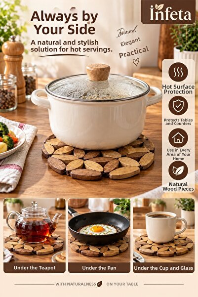 İnfeta 20.5 cm Round Flower Model Beaded Wooden Trivet Pot Pan Teapot Base