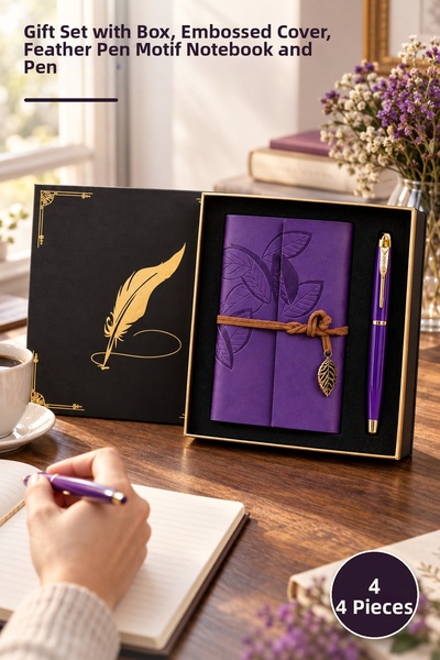 Yenilig 4 Pieces Purple Leaf Patterned Leather Notebook and Metal Rollerball ...