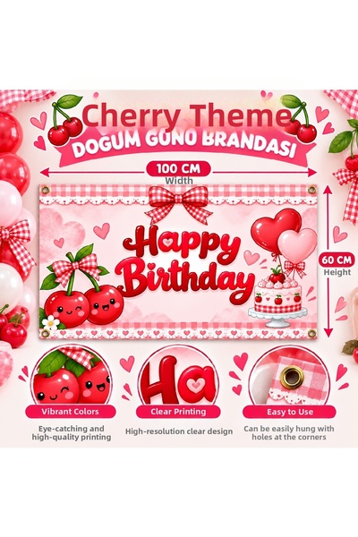 Bkmc Cherry Themed Birthday Banner Happy Birthday Banner Party Decoration Bac...