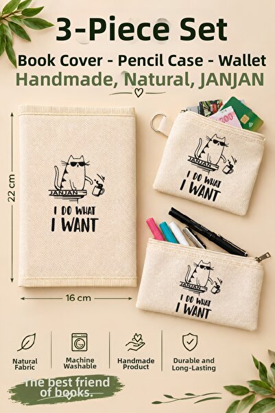 JANJAN 3-Piece Natural Fabric Book Cover Set, (Book Cover-Pen Holder-Wallet),...