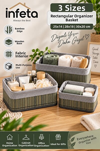 İnfeta Gray 3-Piece Rectangular Bamboo Organizer Basket Set with Cloth Multi-...