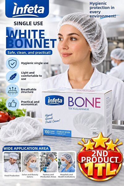 İnfeta 100 Pieces White Disposable Hygienic Cap Elastic Cook Food Medical Hai...