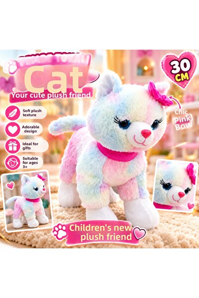 TRUST STORE 30cm Pink Buckle Colorful Plush Cat Cute Soft Plush Toy Gift for ...