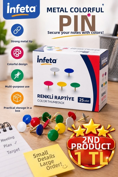 İnfeta 25 Pcs Metal Colorful Pushpins Boxed Cork Board Pins Office School Sta...