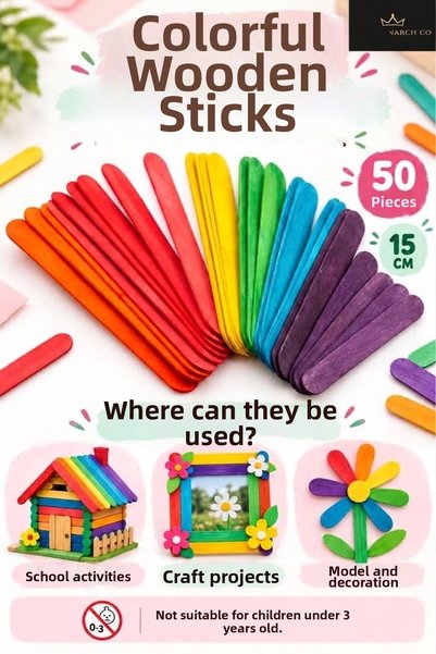 The Monarch Co 50 Colorful Wooden Tongue Sticks 15 cm - Hobby, Model Making, ...