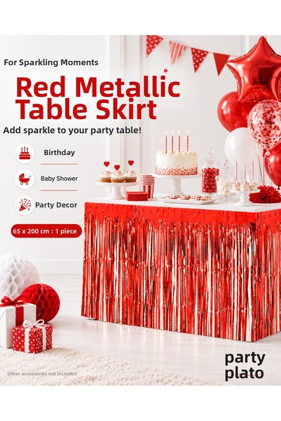 Parti Plato Red Metallic Table Skirt 65X200 cm with Tassels Birthday Party Ta...