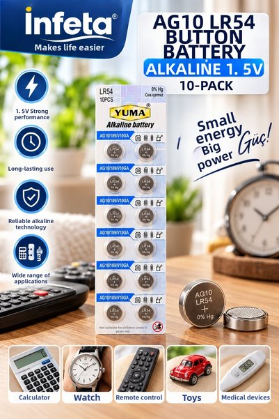 İnfeta Ag10 Lr54 Alkaline Button Battery 1.5V 10-Pack Card Clock Toy Calculat...