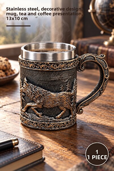 Yenilig 1 Piece 3D Embossed Mug with Wolf Figure – Stainless Steel, Decorativ...