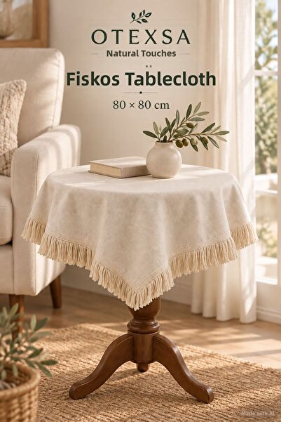 OTEXSA Fiskos Tablecloth with Fringed Tassels 80 X 80 cm Square Plain Texture...