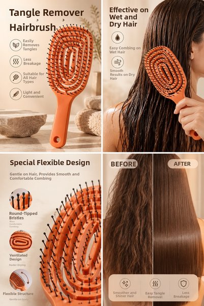 Noveno Detangling Hair Brush Wet & Dry Use Flexible Detangler Hair Comb Easy Combing – Orange