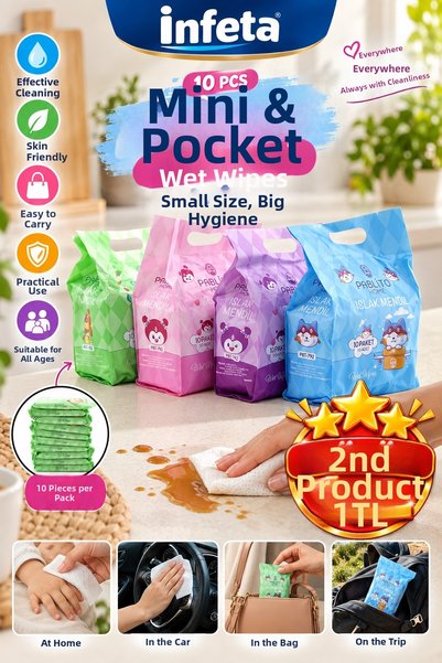 İnfeta 10 Pack Mini Pocket Wet Wipes Portable Bag Size Practical Daily Cleani...