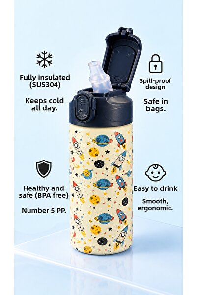 Penguen Children's Steel Water Bottle with Straw and Flask 500 ml Leak-Proof ...