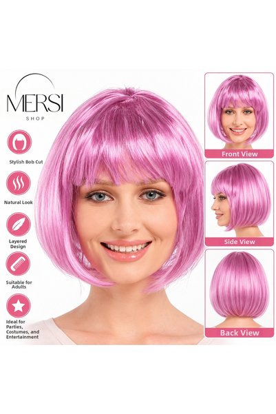 Mersi SHOP Rose Pink Short Cut Bob with Bangs Synthetic Party Wig Adult Costu...