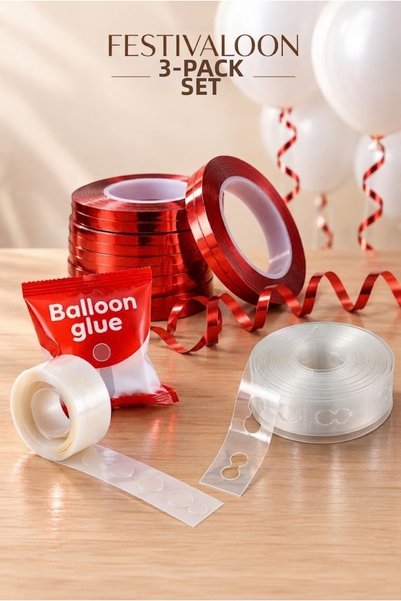 FESTİVALOON 3-Piece Balloon Decoration Set 25 Meters Red Raffia 100-Piece Balloon Tape 5 Meters Balloon Chain Decoration Set