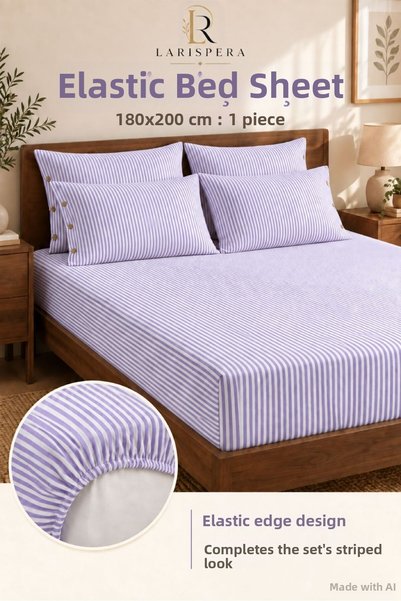 Larispera 100% Cotton King Size Buttoned Ranforce Bed Sheet with Elastic and 4 Pillows, Striped Duvet Cover Set King Size