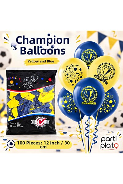 Kikajoy Yellow Navy Blue Champion Printed Balloon 100 Pieces 12 Inch Football...