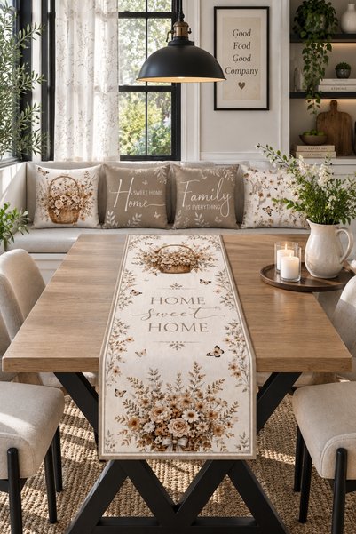 HOMESSA Brown Flower Basket Butterfly 4-Piece Cushion Cover Runner Set
