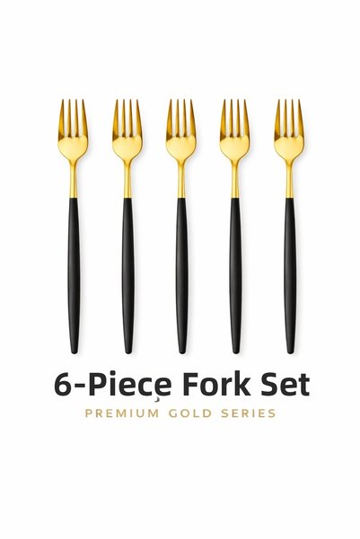 Aşkana yuvanıza aşkla... Modern Gold Color Stainless Steel Dinner Forks Set of 6,Matte Black Strappy Premium Dinner Forks Set